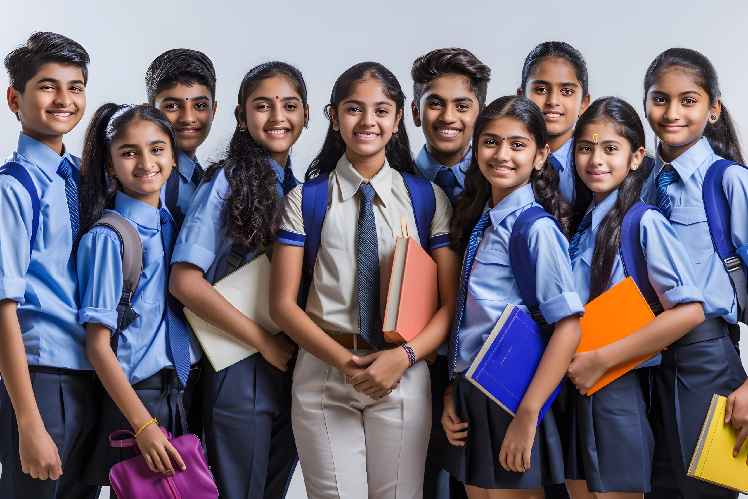 Indian students standing together and smiling at camera on white background